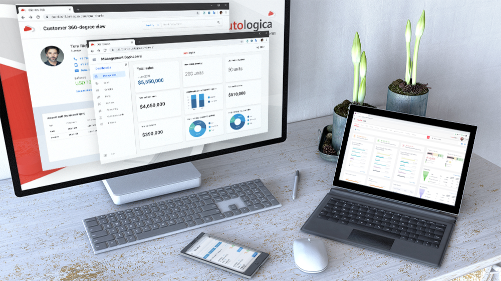 Two computers and a mobile with the Autologica web aplications that are part of a broad project. The software that is used is designed for the automotive industry.